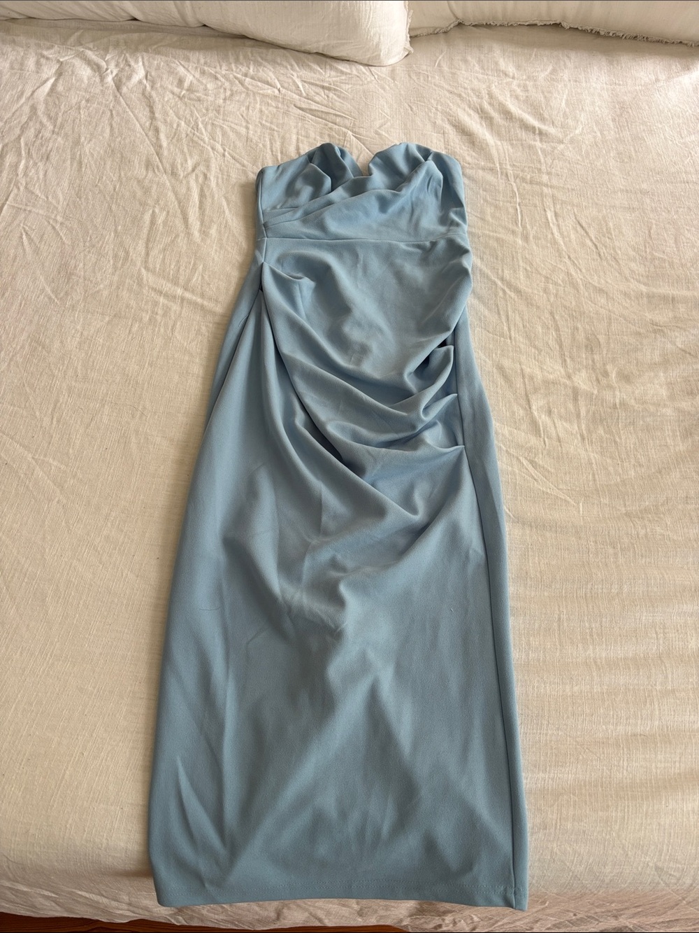 Draped Strapless Midi Dress in Light Blue